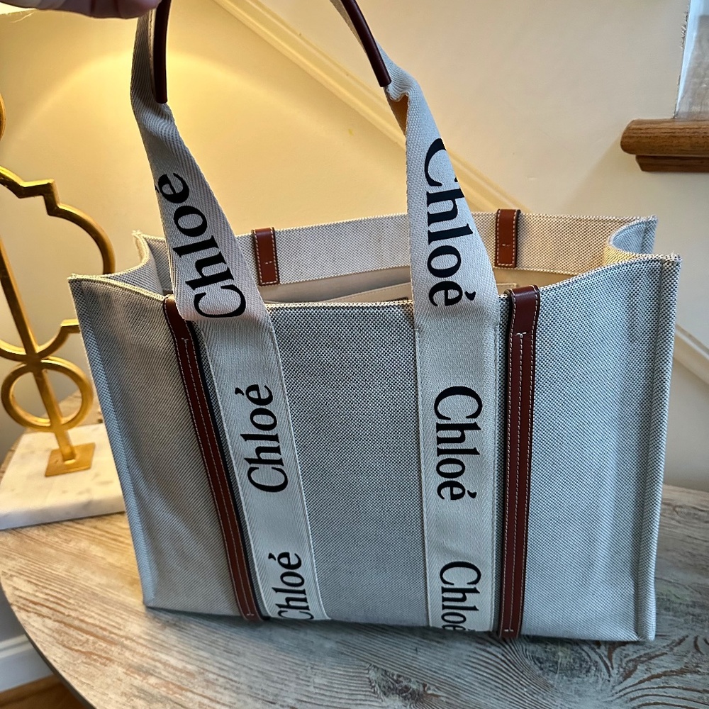 Chloe Large Woody Canvas Tote White Brown